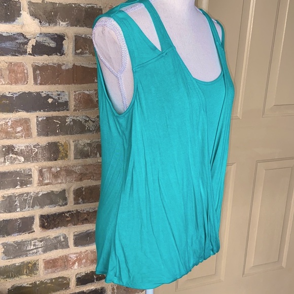 NY & Co Teal Hidden Knot Draped Wrap Top Dance Workout Knit Cutout Shoulders - Picture 3 of 11